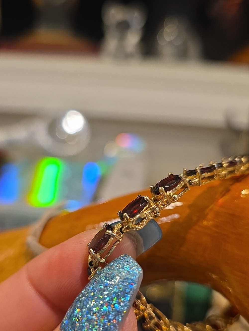 Vintage Gold Garnet Link Bracelet - Deep Red Stones